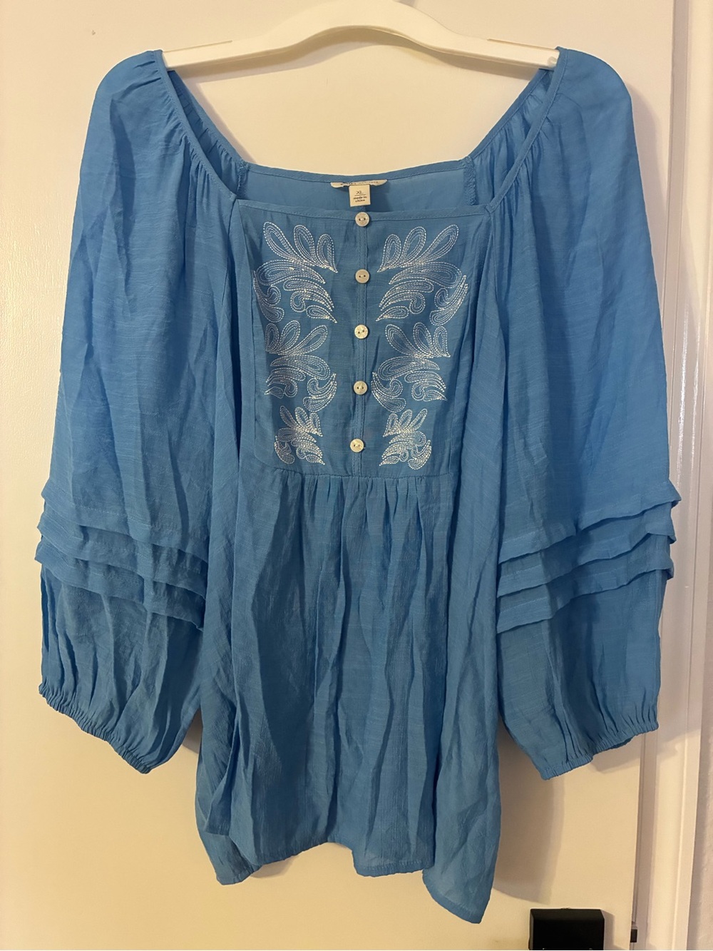 Cato Blue Embroidered Peasant Blouse - Lightweight Women's Top